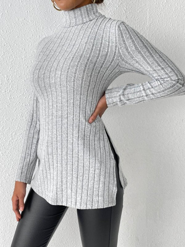 Ribbed Turtleneck Long Sleeve Slit T-Shirt - Cute Little Wish