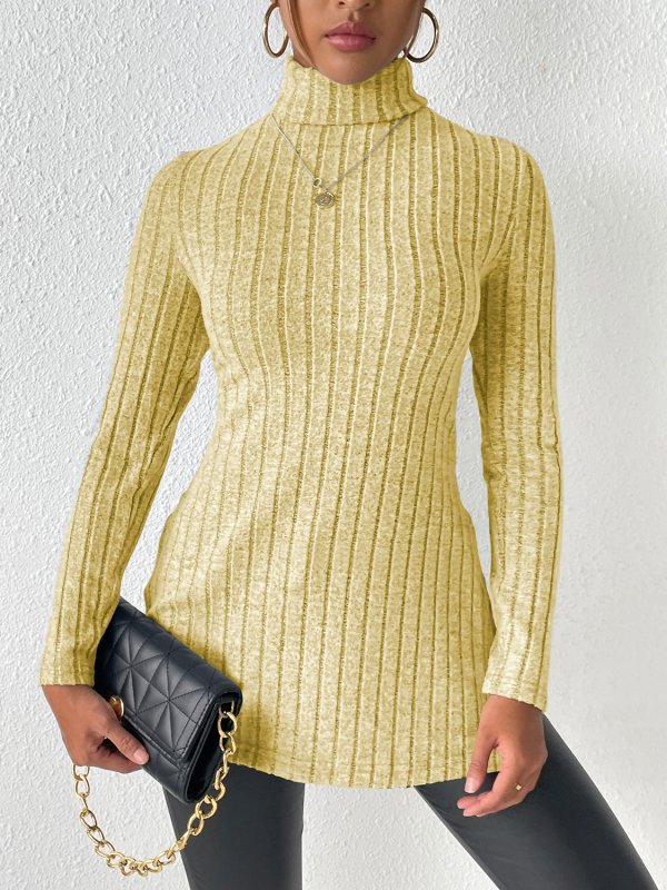 Ribbed Turtleneck Long Sleeve Slit T-Shirt - Cute Little Wish