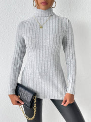 Ribbed Turtleneck Long Sleeve Slit T-Shirt - Cute Little Wish