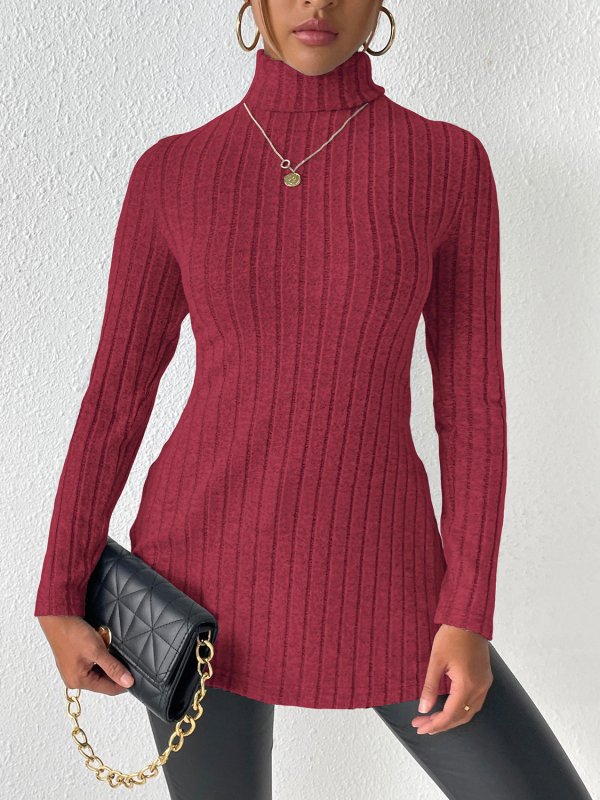 Ribbed Turtleneck Long Sleeve Slit T-Shirt - Cute Little Wish