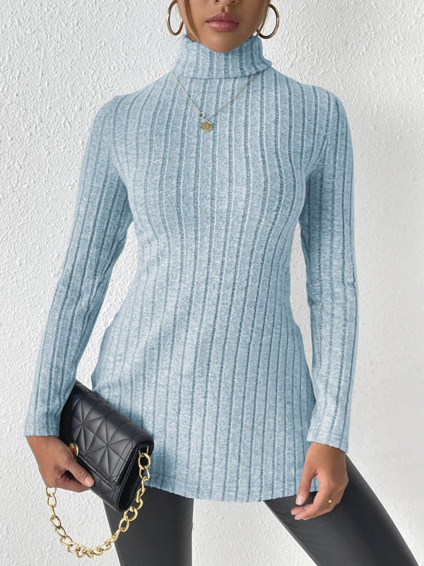 Ribbed Turtleneck Long Sleeve Slit T-Shirt - Cute Little Wish