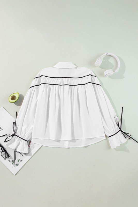 Ribbon Bowtie Collared Neck Flounce Sleeve Shirt