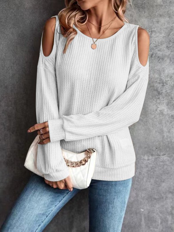 Round Neck Cold-Shoulder Waffle-Knit Top - Cute Little Wish