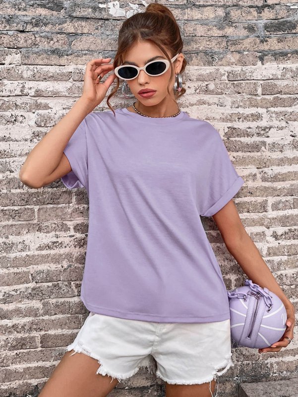 Round Neck Cuffed Sleeve T-Shirt - Cute Little Wish