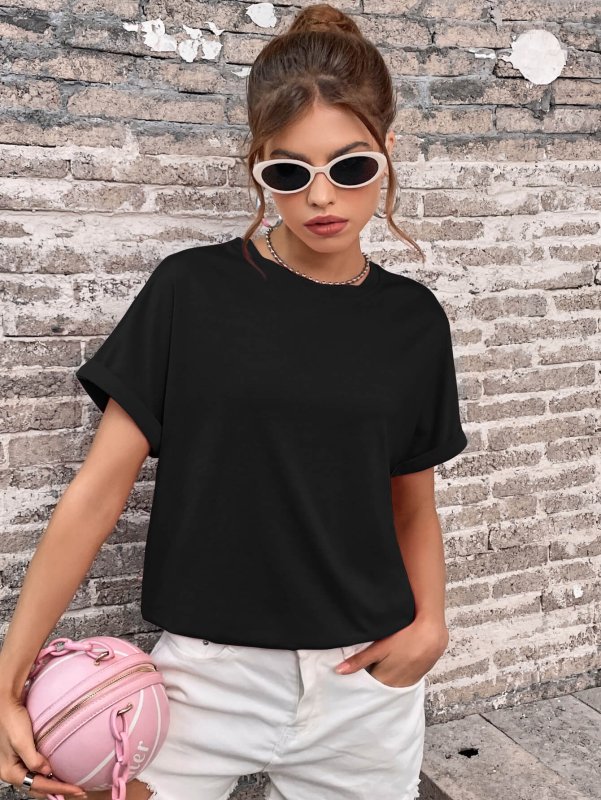 Round Neck Cuffed Sleeve T-Shirt - Cute Little Wish