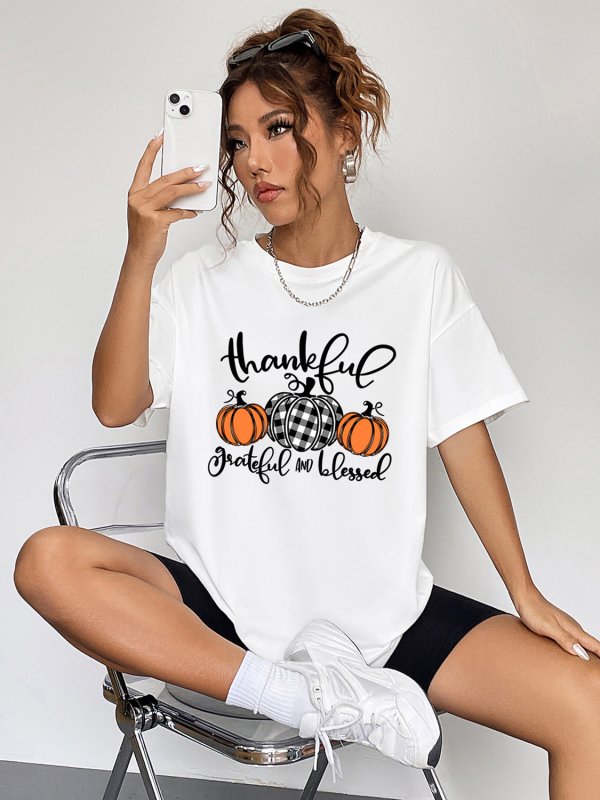 Round Neck Short Sleeve Fall Season Graphic T-Shirt - Cute Little Wish