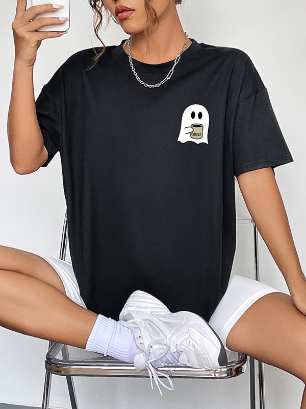 Round Neck Short Sleeve Ghost Graphic T-Shirt - Cute Little Wish