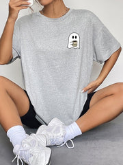 Round Neck Short Sleeve Ghost Graphic T-Shirt - Cute Little Wish