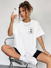 Round Neck Short Sleeve Ghost Graphic T-Shirt - Cute Little Wish