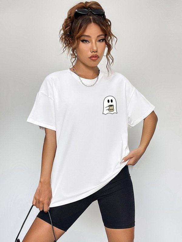 Round Neck Short Sleeve Ghost Graphic T-Shirt - Cute Little Wish