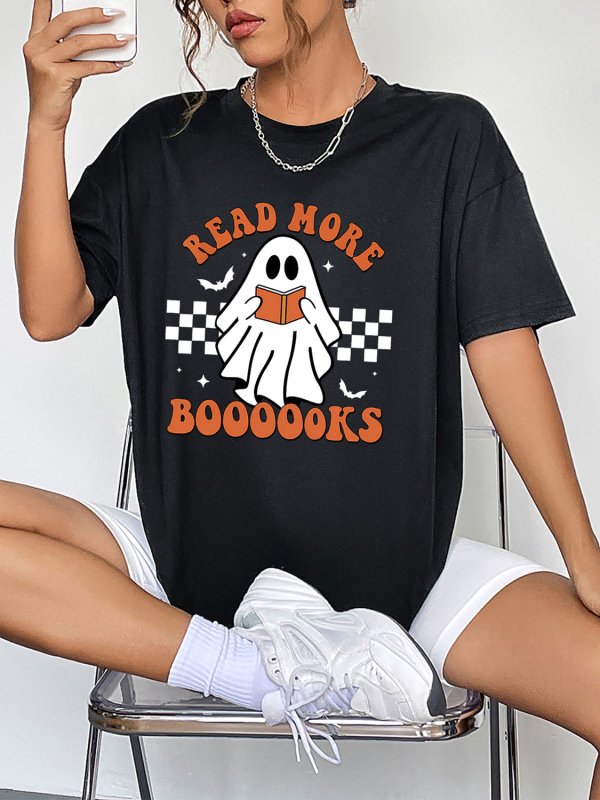 Round Neck Short Sleeve Ghost Graphic T-Shirt - Cute Little Wish