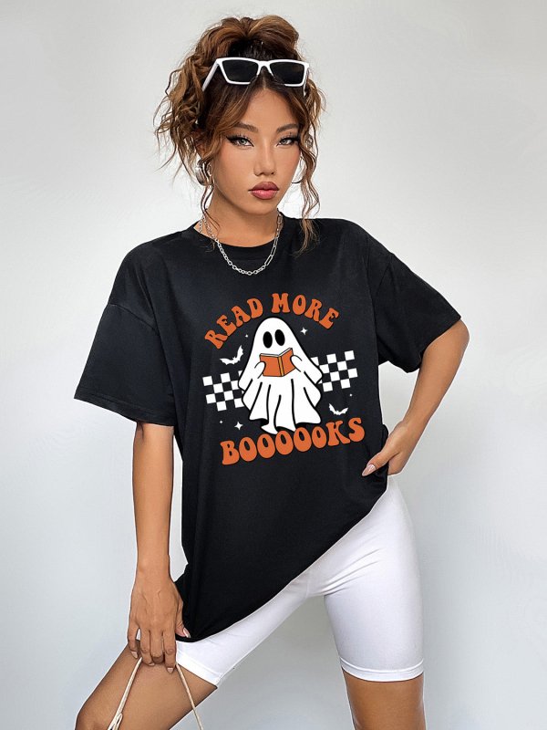 Round Neck Short Sleeve Ghost Graphic T-Shirt - Cute Little Wish