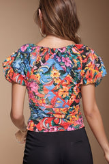 Ruched Printed V-Neck Short Sleeve Blouse - Cute Little Wish