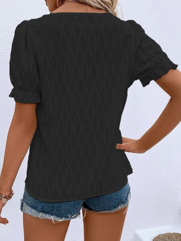 Ruffled Notched Short Sleeve T-Shirt - Cute Little Wish