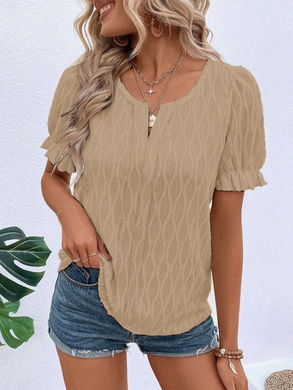 Ruffled Notched Short Sleeve T-Shirt - Cute Little Wish