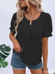 Ruffled Notched Short Sleeve T-Shirt - Cute Little Wish