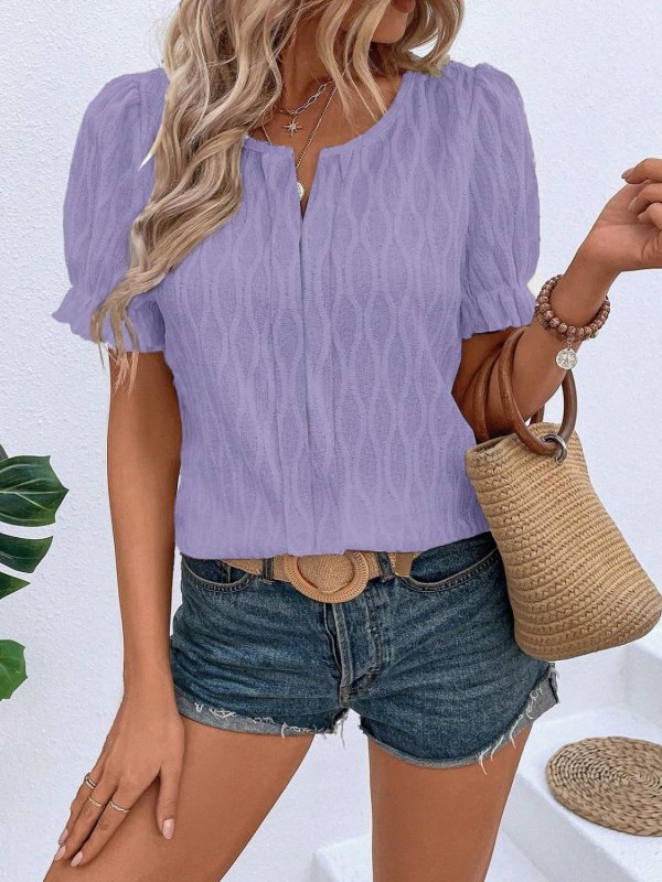 Ruffled Notched Short Sleeve T-Shirt - Cute Little Wish