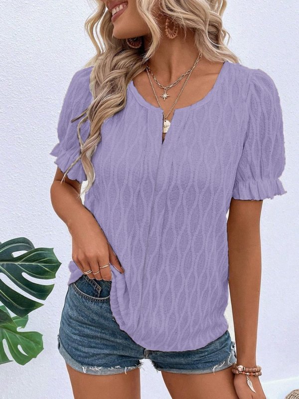 Ruffled Notched Short Sleeve T-Shirt - Cute Little Wish