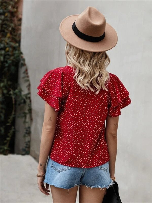 Ruffled Polka Dot Round Neck Short Sleeve Blouse - Cute Little Wish