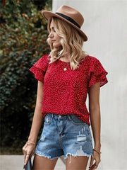 Ruffled Polka Dot Round Neck Short Sleeve Blouse - Cute Little Wish