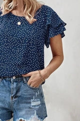 Ruffled Polka Dot Round Neck Short Sleeve Blouse - Cute Little Wish