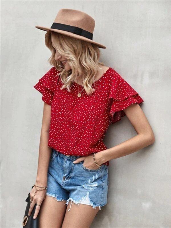 Ruffled Polka Dot Round Neck Short Sleeve Blouse - Cute Little Wish