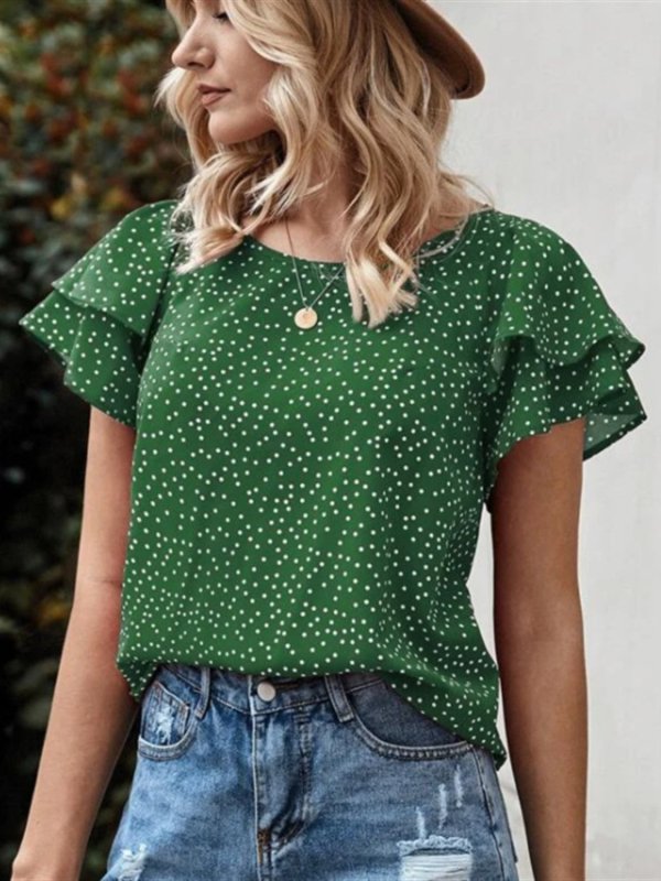 Ruffled Polka Dot Round Neck Short Sleeve Blouse - Cute Little Wish