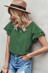 Ruffled Polka Dot Round Neck Short Sleeve Blouse - Cute Little Wish