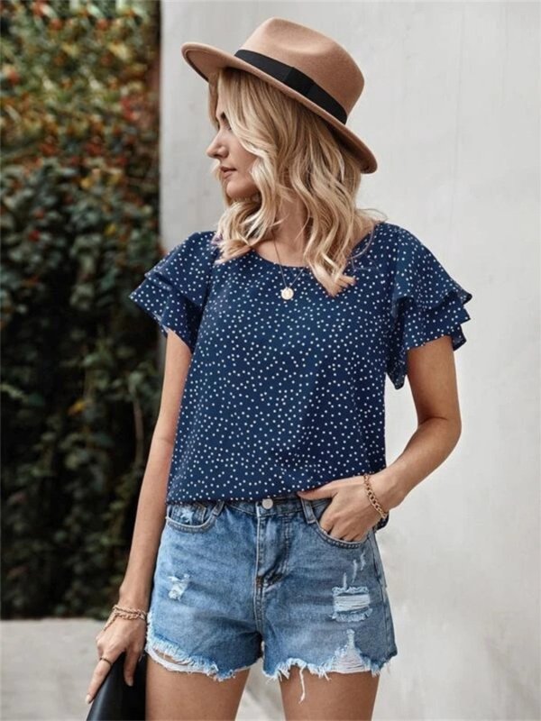 Ruffled Polka Dot Round Neck Short Sleeve Blouse - Cute Little Wish