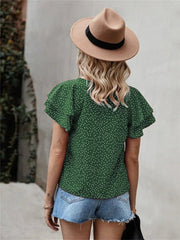 Ruffled Polka Dot Round Neck Short Sleeve Blouse - Cute Little Wish