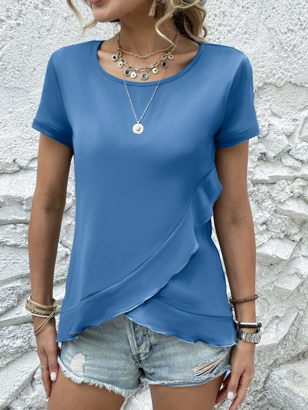 Ruffled Round Neck Short Sleeve Top - Cute Little Wish