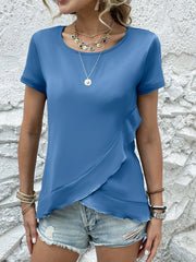 Ruffled Round Neck Short Sleeve Top - Cute Little Wish