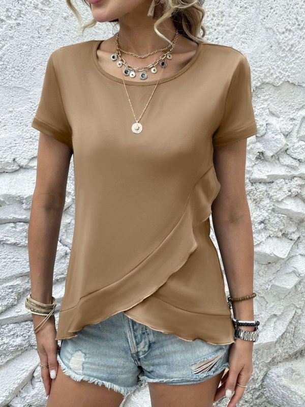 Ruffled Round Neck Short Sleeve Top - Cute Little Wish