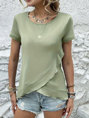 Ruffled Round Neck Short Sleeve Top - Cute Little Wish