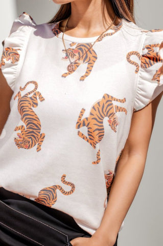 Ruffled Tiger Print Cap Sleeve Blouse - Cute Little Wish