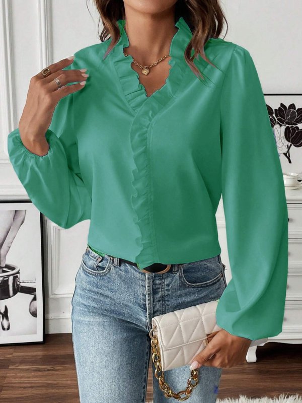 Ruffled V-Neck Long Sleeve Blouse - Cute Little Wish