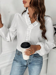 Ruffled V-Neck Long Sleeve Blouse - Cute Little Wish