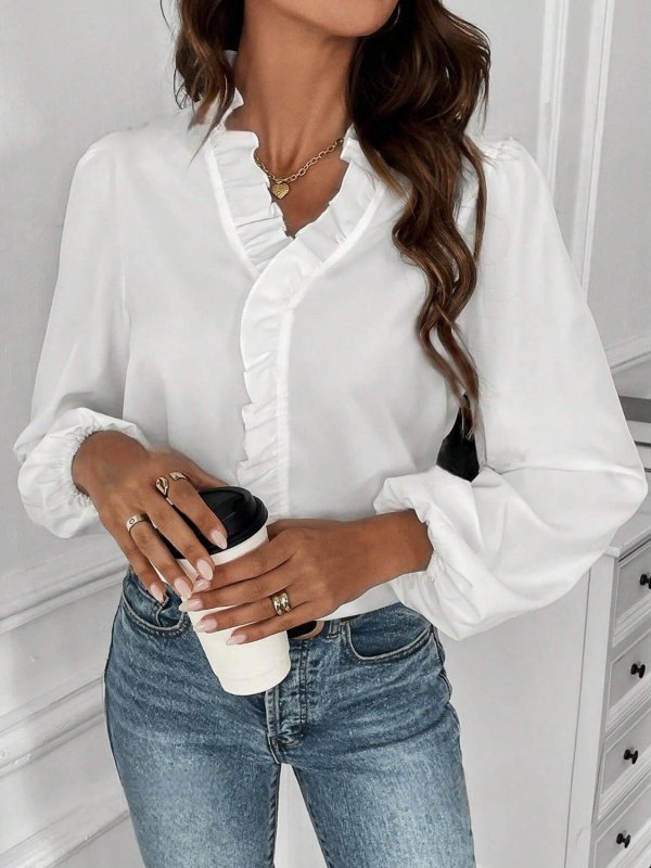 Ruffled V-Neck Long Sleeve Blouse - Cute Little Wish