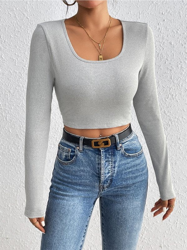 Scoop Neck Cropped Long Sleeve Blouse - Cute Little Wish