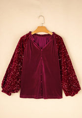 Sequin Notched Long Sleeve Blouse