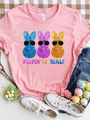 Sequin Rabbit Round Neck Short Sleeve T-Shirt - Cute Little Wish