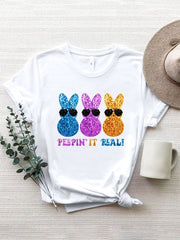 Sequin Rabbit Round Neck Short Sleeve T-Shirt - Cute Little Wish