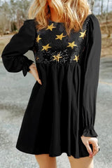 Sequin Star Round Neck Flounce Sleeve Mini Dress