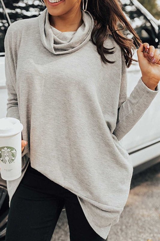 Side Slit High - Low Cowl Neck Long Sleeve Blouse