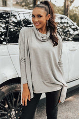 Side Slit High - Low Cowl Neck Long Sleeve Blouse