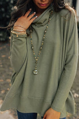 Side Slit High - Low Cowl Neck Long Sleeve Blouse