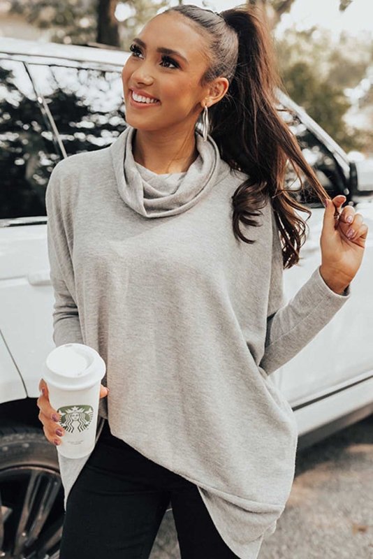 Side Slit High - Low Cowl Neck Long Sleeve Blouse