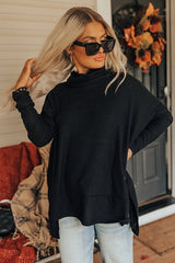 Side Slit High - Low Cowl Neck Long Sleeve Blouse