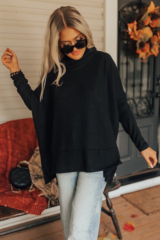 Side Slit High - Low Cowl Neck Long Sleeve Blouse