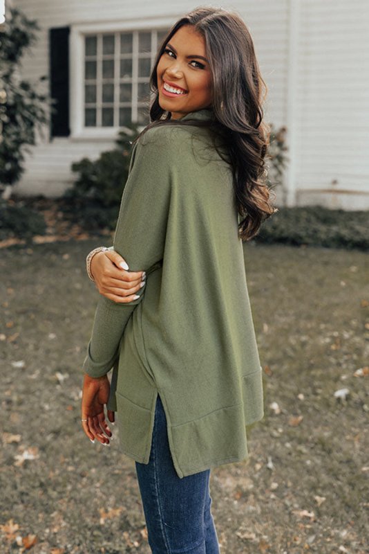 Side Slit High - Low Cowl Neck Long Sleeve Blouse